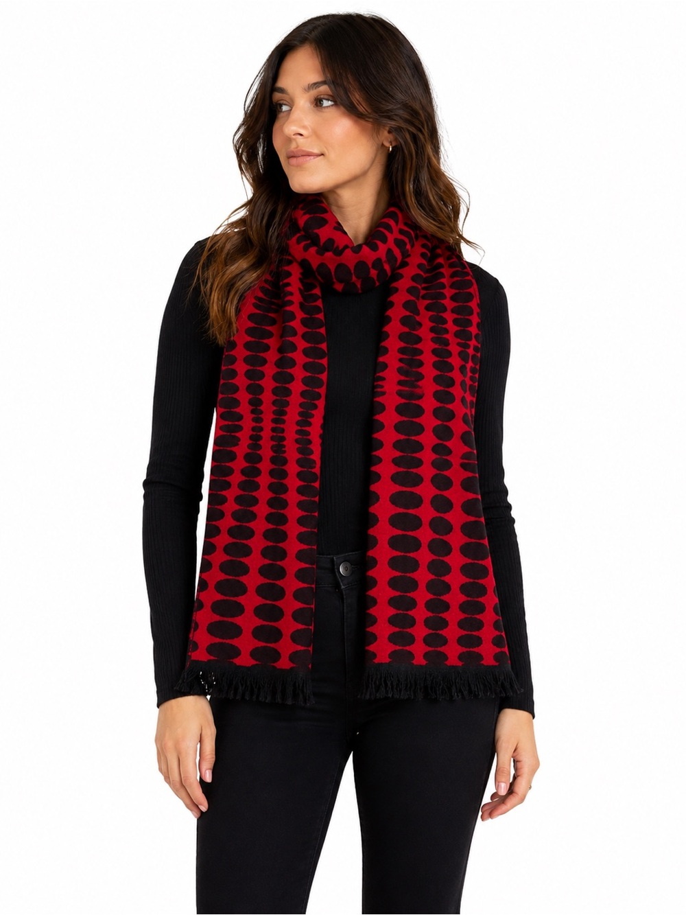 100% Cashmere Red Black Optical Dot Fringe Scarf Luxury Winter Wrap